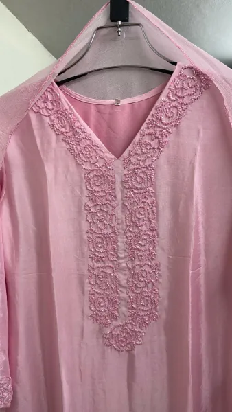 Luxury Russian Silk Pakistani Stitched Farshi Salwar 3 Pcs _ Pink 